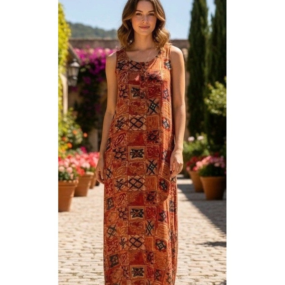 Vtg Adini Maxi Dress Womens M Sleevless Boho Hippie Festival Geometric Rayon NWT